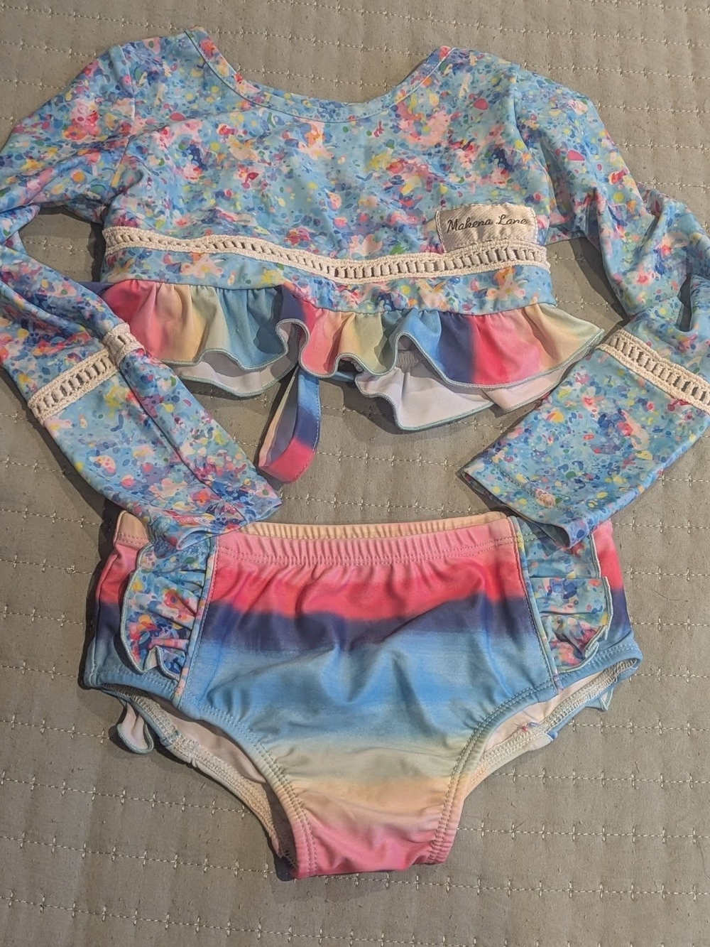 Makena Lane Girls' Pastel Floral Ruffle Rash Guard Bikini Set - Blue/Pink